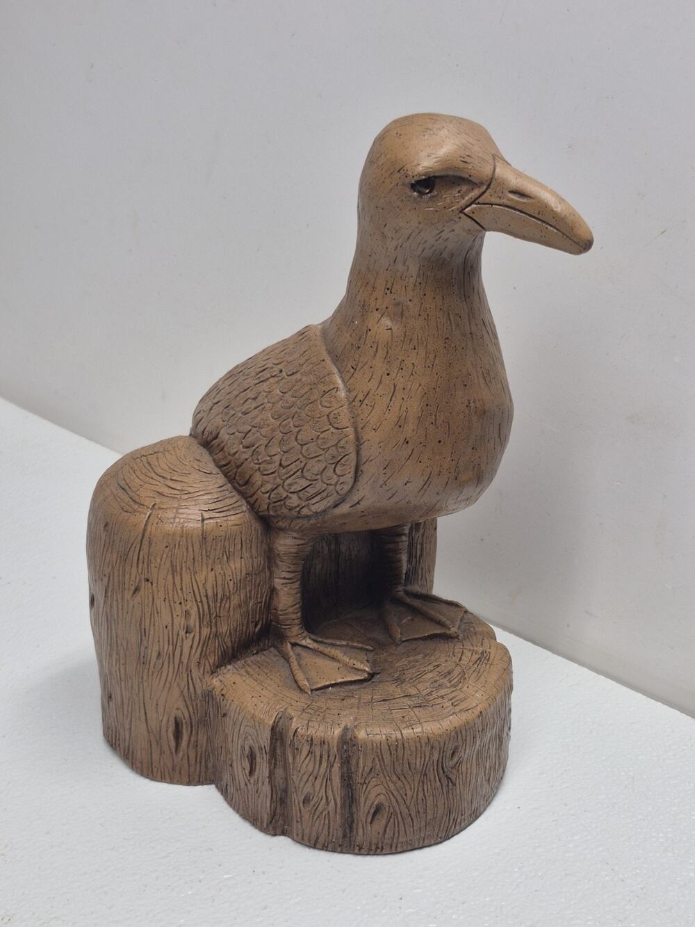 Vintage Faux Wood Resin Seagull Statue Perched on Tree Stump Nautical Decor
